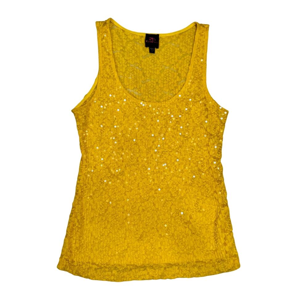 bebe Y2K Yellow Floral Lace Sequin Tank Top 2000s Stretch Women’s Large Retro